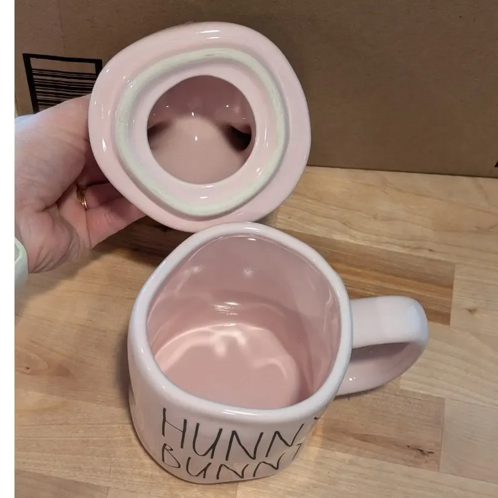 Rae Dunn Magenta Hunny Bunny Pastel Pink Ceramic Coffee Tea Mug Bunny Ears Lid
